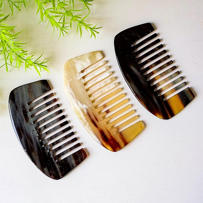 Natural Buffalo Horn Wide Tooth Comb, Ox Horn Anti Static, Buffalo Horn Wide Bone, Pocket and Travel Comb Size for Thick Curly Wavy Hair For Wet and Dry (Wide Comb)