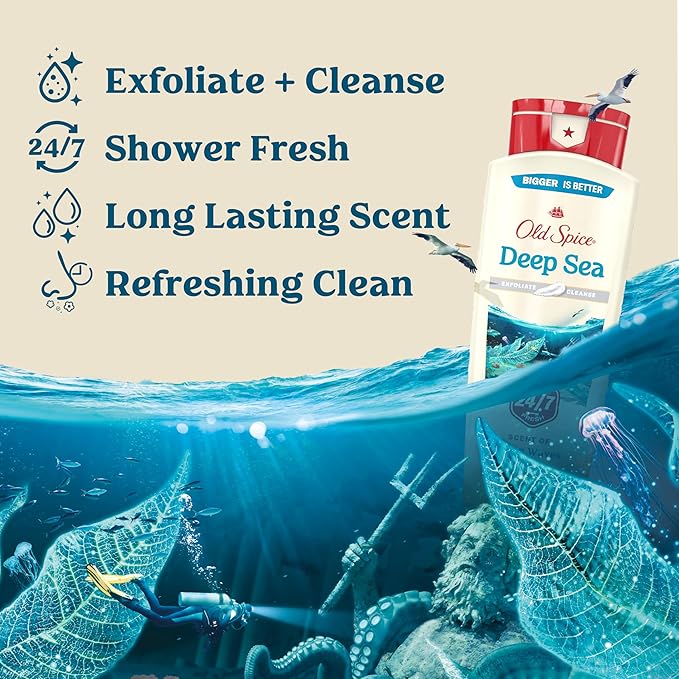 Old Spice Cleansing Body Wash for Men, 24/7 Shower Fresh with Lasting Scent, Exfoliate & Cleanse, Gentle on Skin, Vitamin B3, Deep Sea with Ocean Waves + Kelp Scent, 18 oz (Pack of 4)