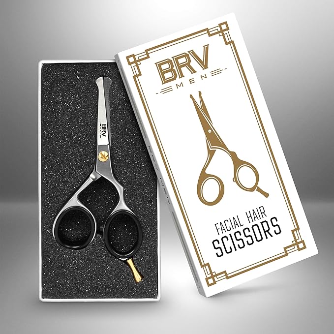 BRV MEN Rounded-Tip Small Trim Scissors for Men 4.2" | High Carbon Stainless Steel | Nose Hair for Men | Professional Grooming Scissors for Beard, Mustache & Ear Hair - RIGHT HANDED (Silver)