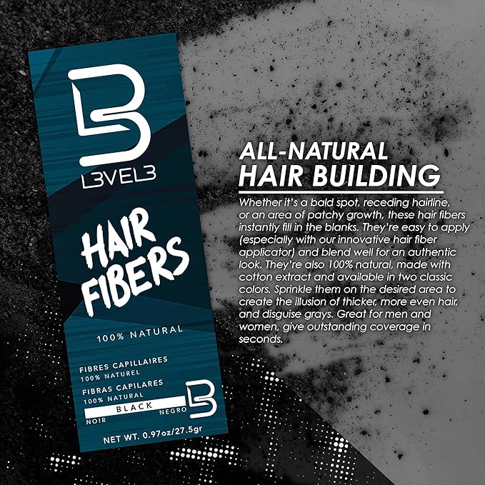 L3 Hair Fibers - Cover Bald Spot or Thinning Hair - Natural Looking Finish - Instant Grey Coverage and Thicker Hair (Black)
