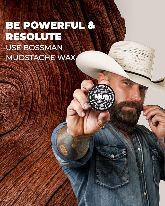 Bossman MUDstache Unscented Mustache Wax for Men (1 oz) – Strong 24-Hour Hold, Non-Tacky & Easy to Apply for Taming & Styling