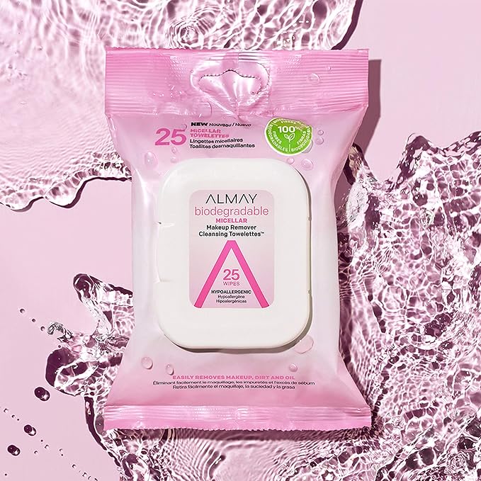 Almay Makeup Remover Cleansing Towelettes, Biodegradable Micellar Water Wipes for Sensitive Skin, Hypoallergenic, Cruelty- & Fragrance-Free, 25 Count (Pack of 2)