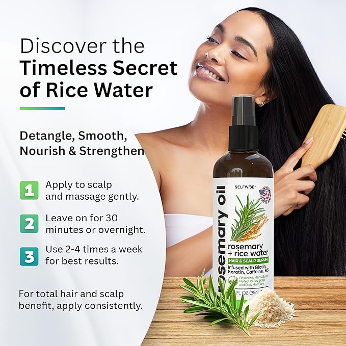Rosemary Oil and Rice Water Hair Growth Spray - Serum with Biotin, Keratin, Caffeine, Vitamins C & B5 for Hair Mask, Hair Care, Scalp Treatment, Thickening Dry Damaged Hair for Women & Men 12oz