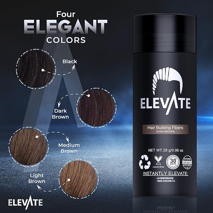 ELEVATE Hair Fibers to Instantly Thicken & Completely Conceal Thinning Balding Areas Loss in 30 Seconds for Men & Women (DARK BROWN) 28g Size - 100% Natural & Undetectable Keratin Fibers