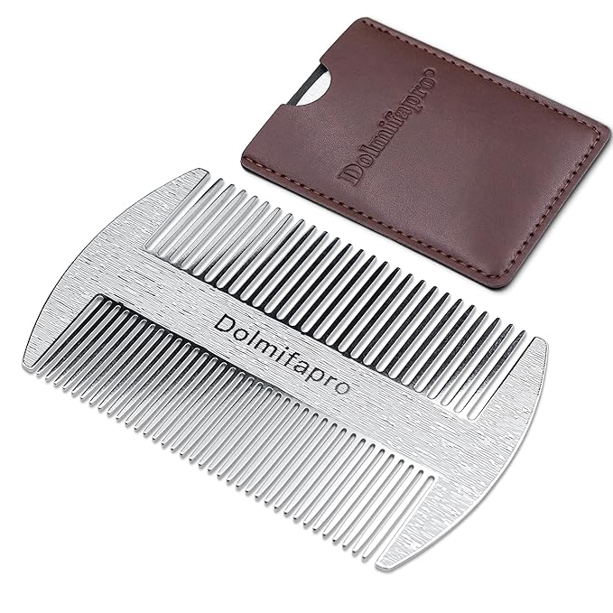304 Stainless Steel Pocket Beard Comb for Men, Anti-Static Dual Fine Coarse Teeth Ultra-Thin Mustache Hair Grooming Comb with PU Leather Case (silvery)