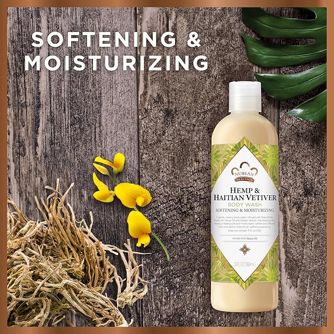 Nubian Heritage Body Wash Indian Hemp & Haitian Vetiver Cleanser for All Skin Types Made with Fair Trade Shea Butter, 13 oz
