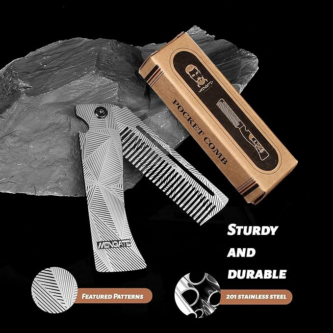 Men's Metal Folding Pocket Beard & Mustache Comb, EDC Knife Comb with Bottle Opener for Outdool Travel - Anti-Static for Hair Styling Pompadour, Slicked-back, Fauxhawk, Undercut
