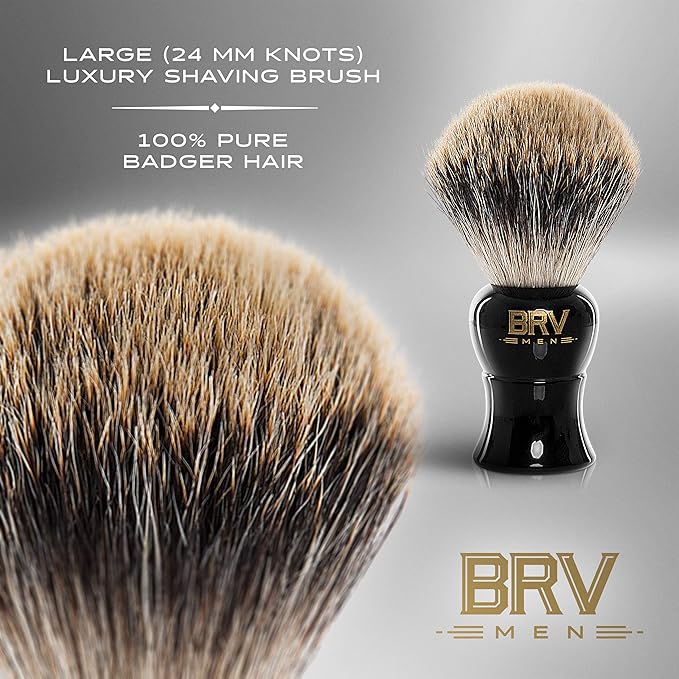 BRV MEN Pure Badger Shaving Brush LARGE (24mm knots) - Heavy Resin Handle - Use with Double-Edge Safety Razor, Straight Razor and Shaving Bowl - Black