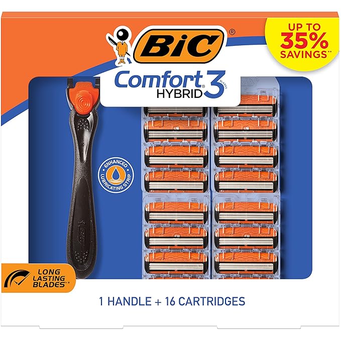 BIC Comfort 3 Hybrid Disposable Razors for Men, 1 Handle and 16 Cartridges With 3 Blades, 17 Piece Razor Kit for Men