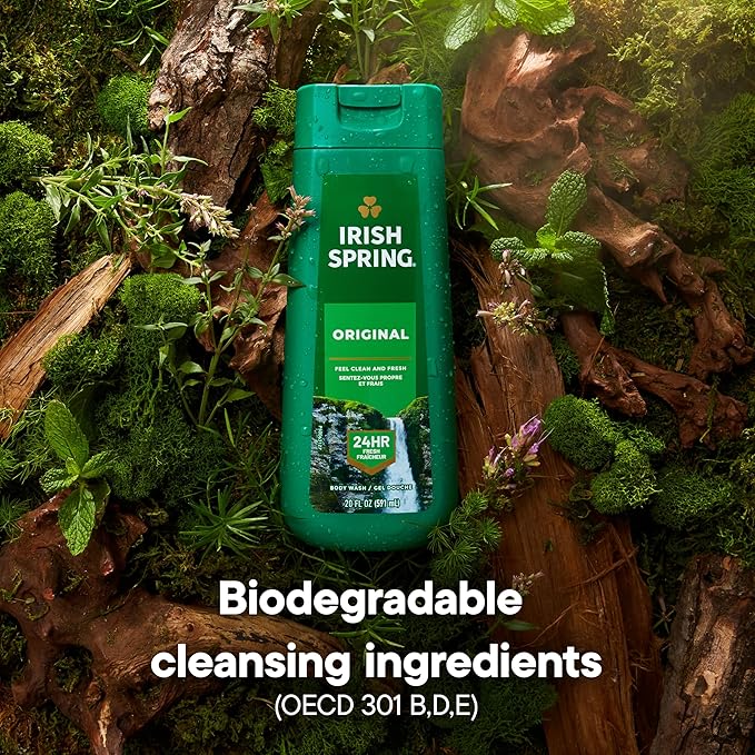 Irish Spring Original Moisturizing Body Wash for Men, 24-Hour Fresh, Face and Body Wash, Men’s Body Wash, Biodegradable Ingredients, Paraben Free, Cool Fresh Scent, 20 fl oz Bottle (2 Pack)