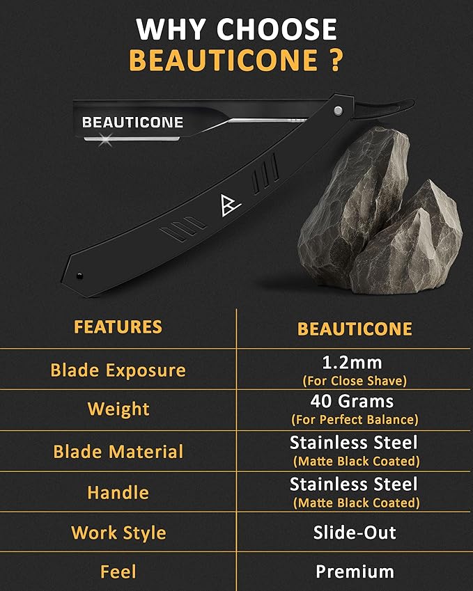 BEAUTICONE Straight Razors for Men, Straight Edge Razor, 100 Single Edge Blades, Stainless Steel, Barber Razor for Men's Shaving, Barber Shaving Knife, Slide-Out