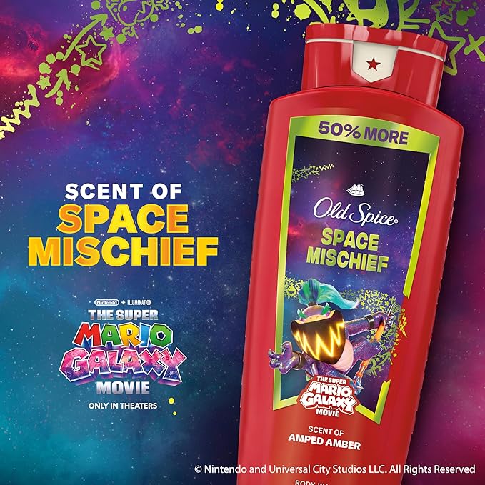 Old Spice Body & Face Wash for Men, x The Super Mario Galaxy Movie, 3X Defense, 24/7 Shower Fresh with Long Lasting Scent, Smell Super with Space Mischief, Amped Amber Scent, 24 oz