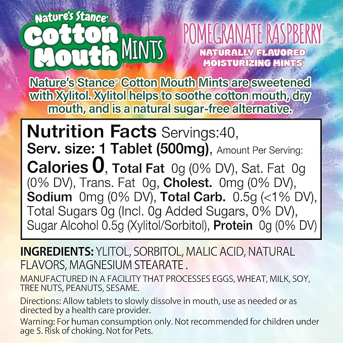 Nature’s Stance Cotton Mouth Xylitol Mints for Dry Mouth Relief - Sugar Free Mints, Stimulate Saliva & Freshen Breath, Throat, Teeth, Gums - Xylitol Lozenges, 40 Count (Pomegranate Raspberry Bliss)