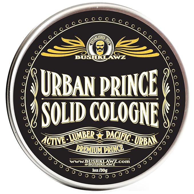 BushKlawz Urban Prince Solid Cologne 1 oz Full Size Alcohol Free Natural Concentrated Travel Friendly Tins Men's Fragrance Manly Scents to Satisfy all Types of Viking Cannon Black Prime