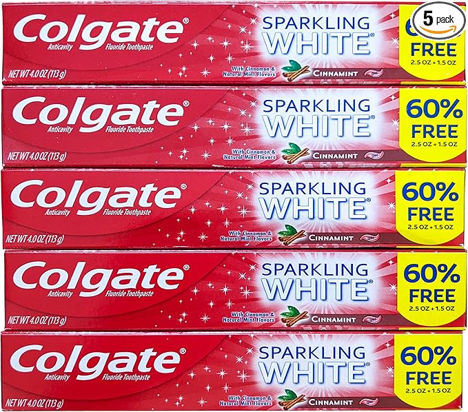 Colgate Cinnamint Fluoride Toothpaste with Cinnamon and Natural Mint Flavor, Deep Tooth and Gum Cleaning Gel with Gentle Whitening, Fights Cavities and Plaque, Kids and Adults, 5 Pack