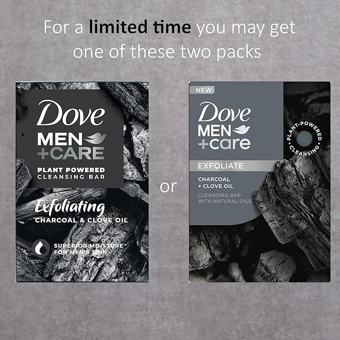 DOVE MEN + CARE Cleansing Bar Soap Charcoal + Clove Oil to Rebuild Skin in the Shower,a 4in1 Hair,Body,Face & Shaving Bar with Plant-Based Cleanser and Natural Oils 5 oz,(Pack of 8)