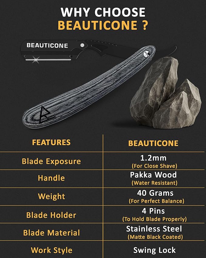 BEAUTICONE Straight Razors for Men, Straight Edge Razor, 100 Single Edge Blades, Stainless Steel, Barber Razor for Men's Shaving, Barber Shaving Knife, Swinglock