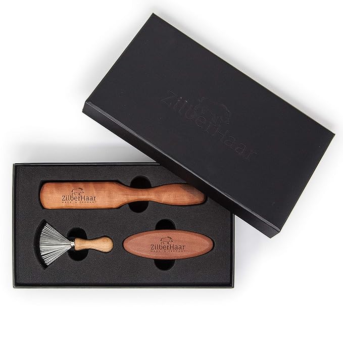 Zilberhaar Beard Brush Grooming Kit (Soft Version) 2nd Cut Boar Bristles - Ideal for Stubbles and Short To Medium Beards - Distributes Balm and Oil for Growth/Styling - Comes with Brush Cleaning Tool