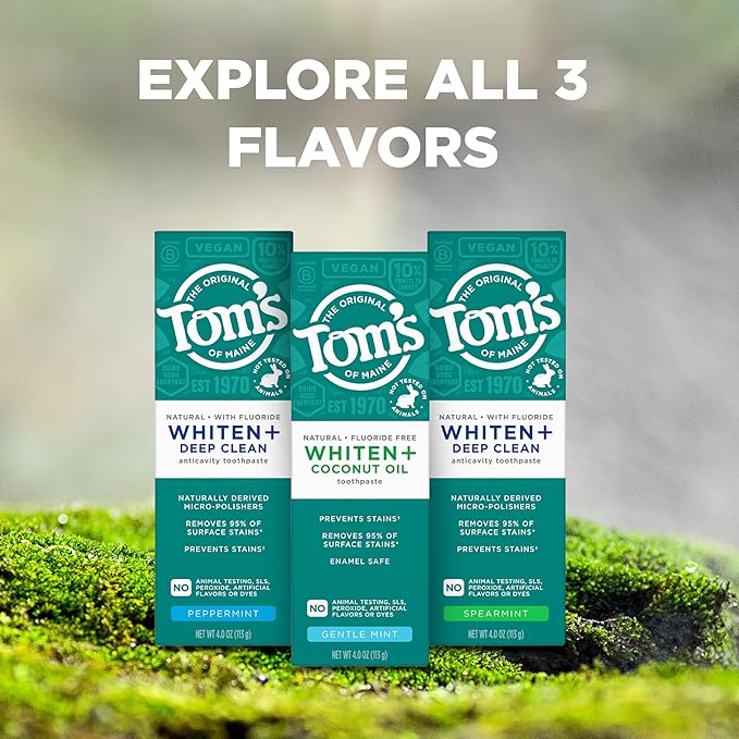 Tom's of Maine Whiten Plus Deep Clean Whitening Toothpaste, Natural Whitening Toothpaste with Plant-Based Cleansers, Enamel Safe, Whitens Without Causing Sensitivity, Peppermint, 4.0 oz (Pack of 3)