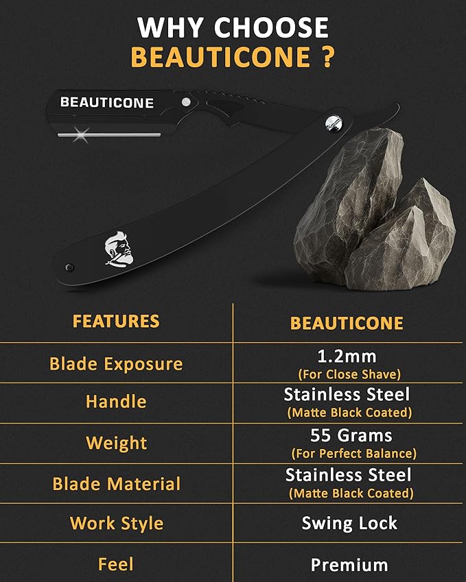 BEAUTICONE Straight Razors for Men, Professional Barber Razors, Premium Straight Edge Razor, Shaving Knife, Shavette, Stainless Steel, Wooden Handle, With PU Leather Case