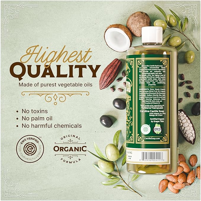 Carolina Castile Soap Unscented Castile Soap Liquid - 32 oz Vegan & Pure Organic Soap Concentrated Non Drying All Natural Formula Good for Sensitive Skin (32 Ounces)