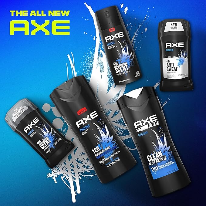 AXE Body Wash Phoenix 12h Refreshing Scent Crushed Mint & Rosemary Men's Body Wash with 100% Plant-Based Moisturizers 16 oz,(Pack of 8)