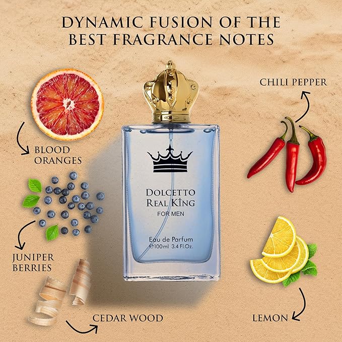 Dolcetto Real King Eau De Parfum for Men woody & Aromatic Fragrance - Citrus Notes & Pimento Essence with Masculine Base - Blend of Spicy Pepper, French Lavender & Haitian Vetiver - 100ml Bottle