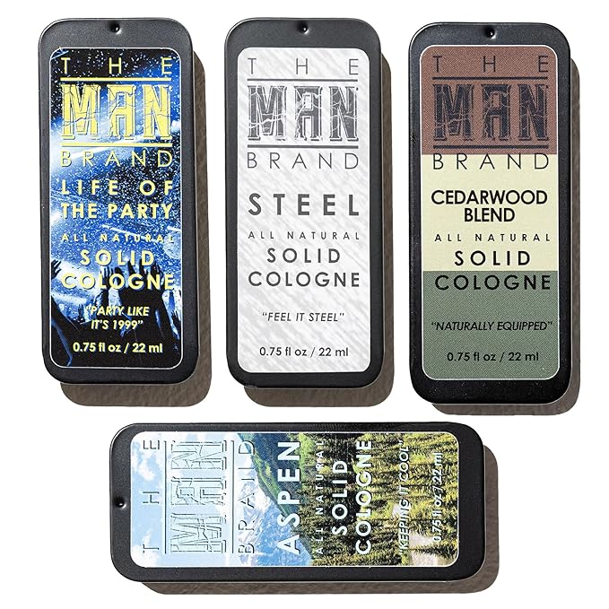 Solid Cologne Sample Set with Aspen Solid Perfume, Woodsman Solid Cologne, Steel, and Life of the Party Cologne - (Fellowship Solid Cologne Man Sampler Pack - 4 Pack - 0.75 oz each)