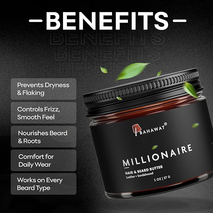 BAHAWAT Hair & Beard Butter for Men Leave-in Conditioner - Leather & Sandalwood scent - Strengthen & Soften– Made in USA -Organic Natural Ingredients | The Best Beard Butter - 2 oz.