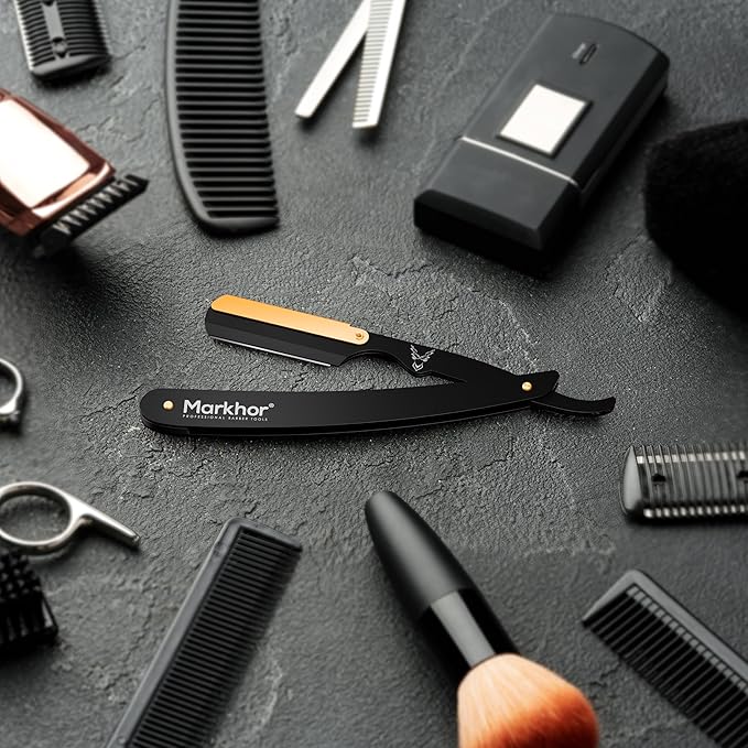 Markhor® Straight Razors for Men with 100 Single Edge Razor Blades | Matte Black with 24k Gold Platted Barber Straight Razor | Straight Edge Razor | Barber Razor Blade | Navajas Para Barbero