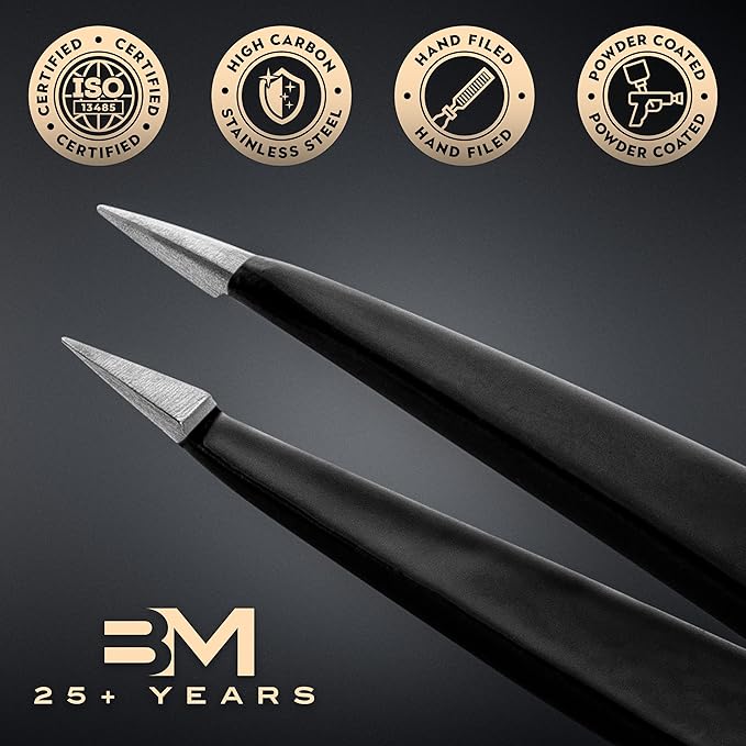 Pointed Tweezers | High Carbon Stainless Steel Needle Nose | Fine Point Precision Hair Removal | Perfectly Aligned & Hand-Filed Sharp | Black
