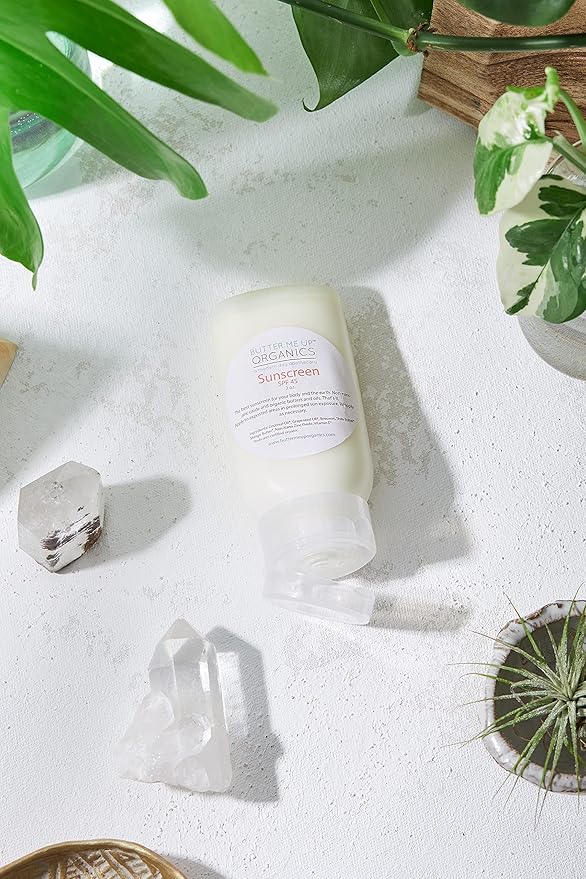 Butter Me Up Organics Natural Zinc Oxide Sunscreen SPF 45+, Reef-Safe, Non-Nano Mineral Sunblock, Water-Resistant with Shea Butter & Coconut Oil, Chemical-Free, Eco-Friendly 2oz Travel Squeeze Bottle