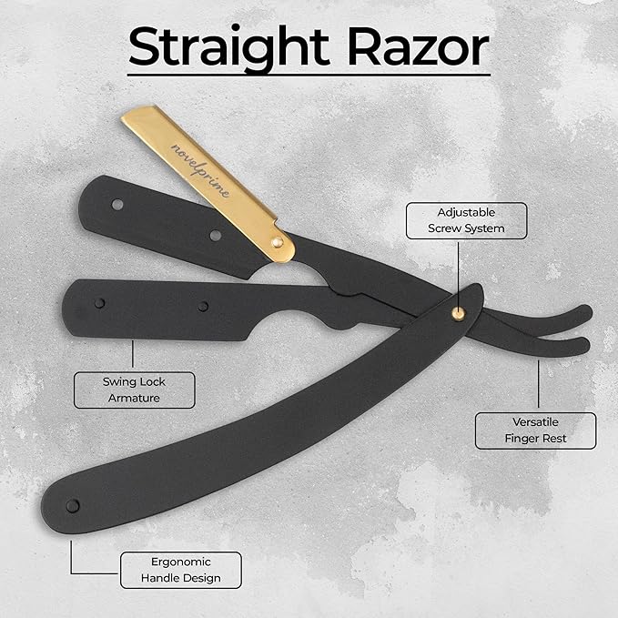 Novel Prime| Professional Straight Razor for Men| Premium Quality Stainless Steel Straight Edge Barber Razor for Shaving and Beard Styling| Sharp and Sleek Design with Premium Leather Pouch (1 Count)