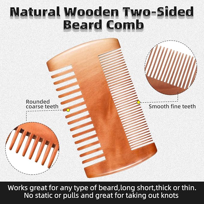 Natural Sandalwood Dual Action Beard & Moustache Combs with Faux Leather Cases (6 Pieces, Yellow)