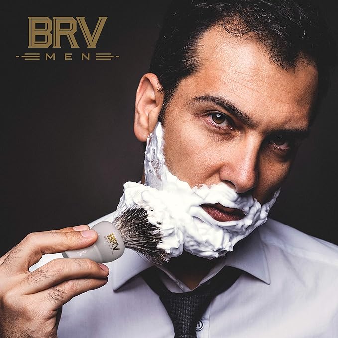 BRV MEN Pure Badger Shaving Brush LARGE (24mm knots) - Heavy Resin Handle - Use with Double-Edge Safety Razor, Straight Razor and Shaving Bowl - White