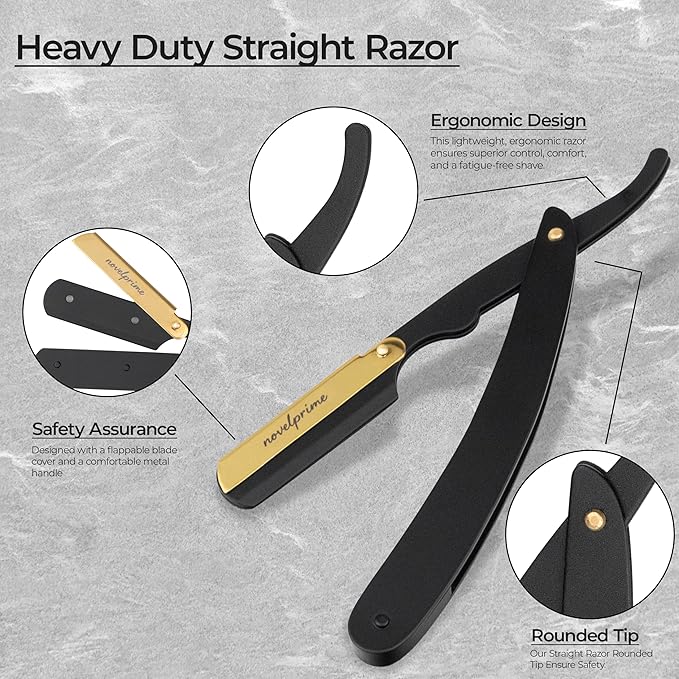 Novel Prime| Professional Straight Razor for Men| Premium Quality Stainless Steel Straight Edge Barber Razor for Shaving and Beard Styling| Sharp and Sleek Design with Premium Leather Pouch (1 Count)