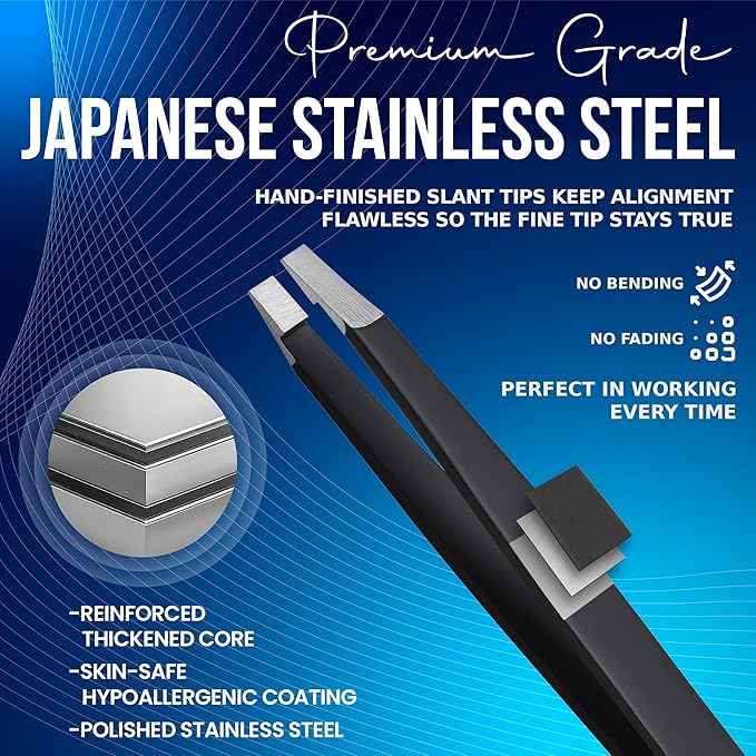 Professional Straight Stainless Steel Tweezers for Men & Women - Precision Eyebrow Facial Hair Removal with Strong Grip & Fine Point Tip (Matt Black)