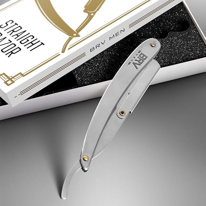 BRV MEN Professional Straight Edge Barber Razor w/ 100 Single Edge Razor Blades | Straight Razors for Men | Barbershop Accessories | Mens Shaving Knife & Shavette - Silver