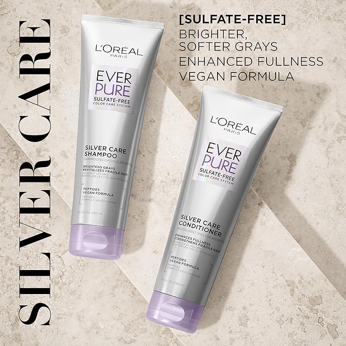L'Oreal Paris EverPure Brightening and Nourishing Shampoo for Gray Hair,Sulfate-Free Vegan Formula with Peptides,8.5 Fl Oz,(Pack of 2)