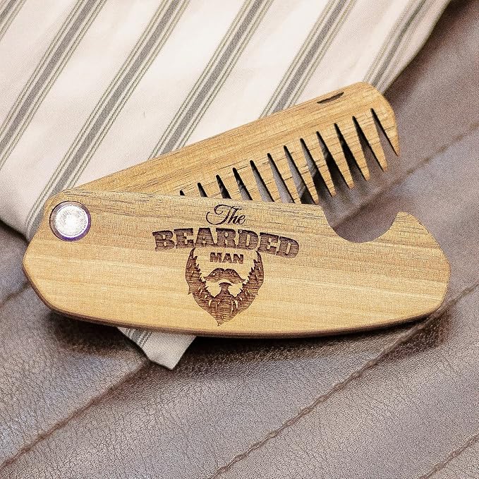 Beard Comb Personalized Gifts Anniversary Gift Wooden Brush Custom Comb Groomsmen Gift Hair Brush Pocket Brush Birthday Gift for Boyfriend (Walnut, The Bearded Man)