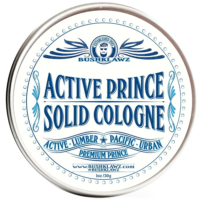BushKlawz Active Prince Solid Cologne 1 oz Full Size Alcohol Free Natural Concentrated Travel Friendly Tins Men's Fragrance Manly Scents to Satisfy all Types of Viking Cannon Black Prime