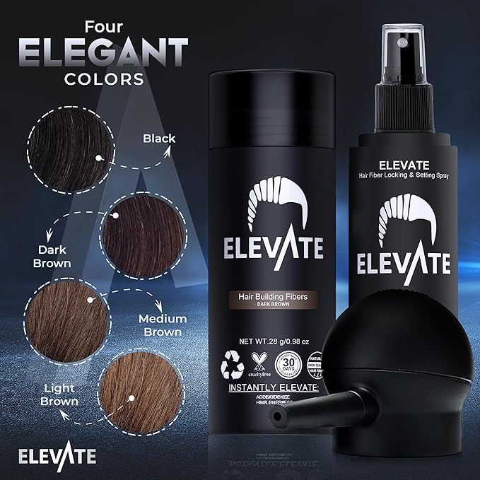 ELEVATE Hair Perfecting 3-in-1 Kit Set Includes Natural Thickening Fibers, Applicator Pump Nozzle & Locking Hold Spray | Instantly Conceal Balding Areas (Dark Brown)