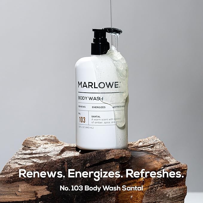MARLOWE. No. 103 Body Wash 15 oz Pump, Santal, Energizing & Refreshing Shower Gel, Willow Bark & Green Tea Extracts, Cleanses, Moisturizes, Smooths & Nourishes, Warm Amber, Spice & Citron Scent