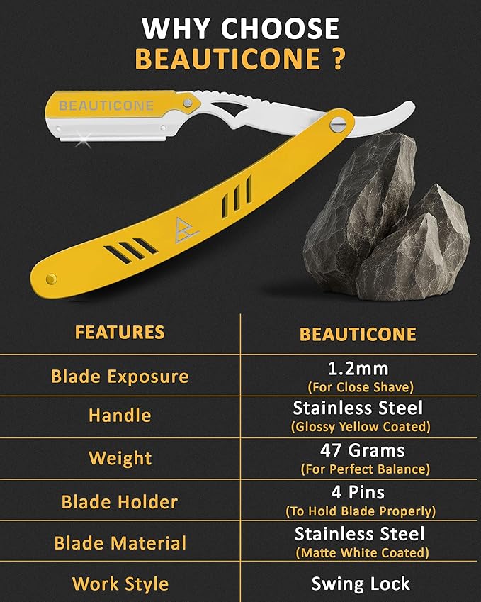 BEAUTICONE Straight Razors for Men, Straight Edge Razor, 100 Single Edge Blades, Stainless Steel, Barber Razor for Men's Shaving, Barber Shaving Knife