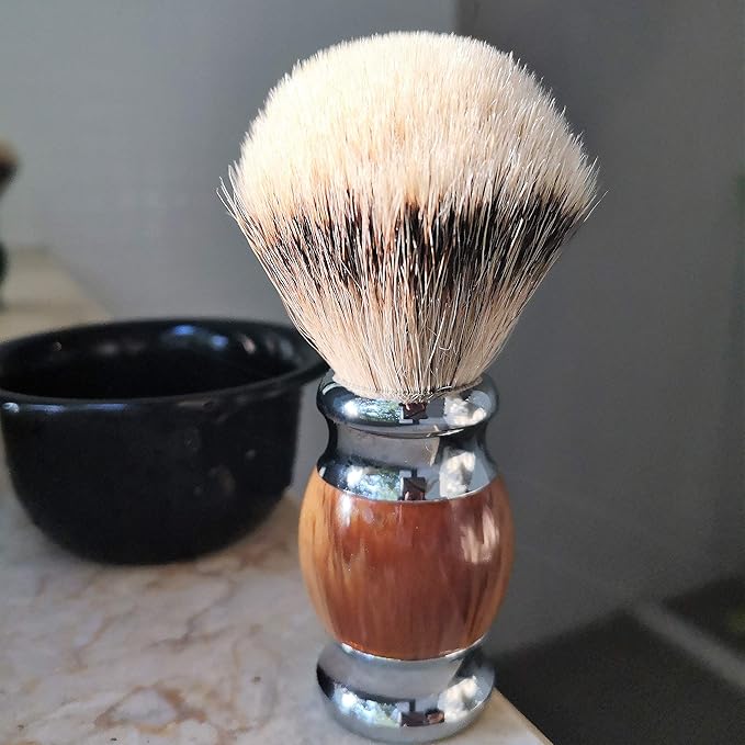 JEQUIL&CORENVEO 100% Silvertip Badger Hair Shaving Brush, Handmade Shaving Brush with Fine Resin Handle and Stainless Steel Base (Brown)