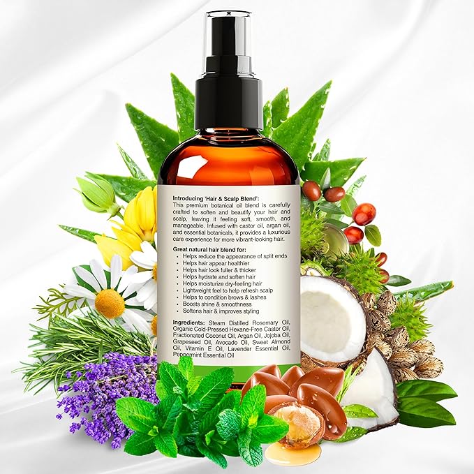 Organic Rosemary Oil For Hair Growth with Castor, Argan, Coconut, Almond, Jojoba, Avocado, Grapeseed, Vitamin E, Lavender & Peppermint for Hair & Scalp Treatment, All Hair Types, Men & Women 8oz