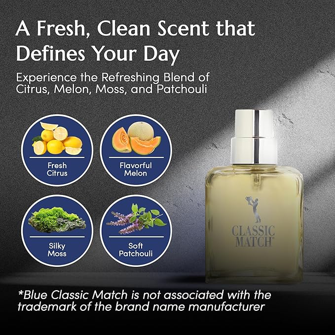 PB ParfumsBelcam Blue Classic Match Eau de Toilette Spray for Men – Modern Citrus Fougere Fragrance, Notes of Melon, Moss and Patchouli, Cologne Alternative, Signature Fragrance – 2.54 Fl Oz
