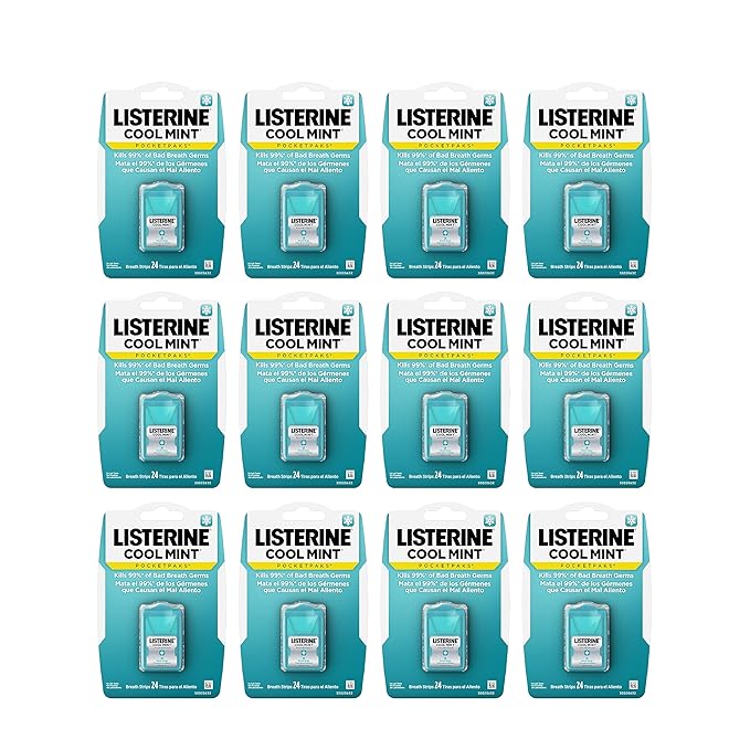 Listerine Cool Mint PocketPaks Portable Breath Strips for Bad Breath, Fresh Breath Strips Dissolve Instantly to Kill 99% of Bad Breath Germs* On-The-Go, Cool Mint, 24-Strip Pack, 12 Pack