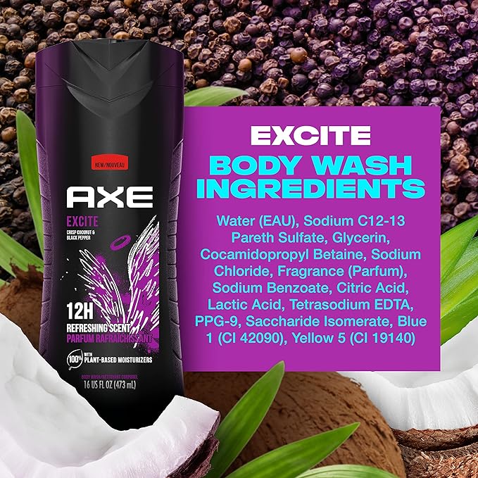 AXE Body Wash 12h Refreshing Scent Excite Crisp Coconut and Black Pepper Men's Body Wash with 100 percent Plant-Based Moisturizers 16 oz
