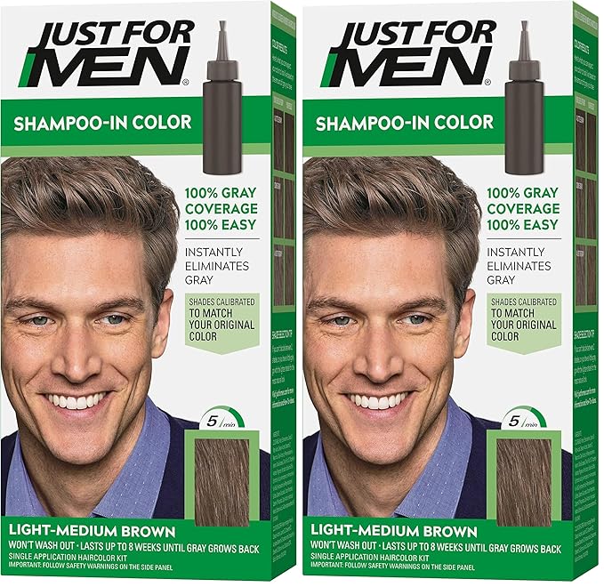 Just For Men Shampoo-In Color (Formerly Original Formula), Mens Hair Color with Keratin and Vitamin E for Stronger Hair - Light-Medium Brown, H-30, Pack of 2